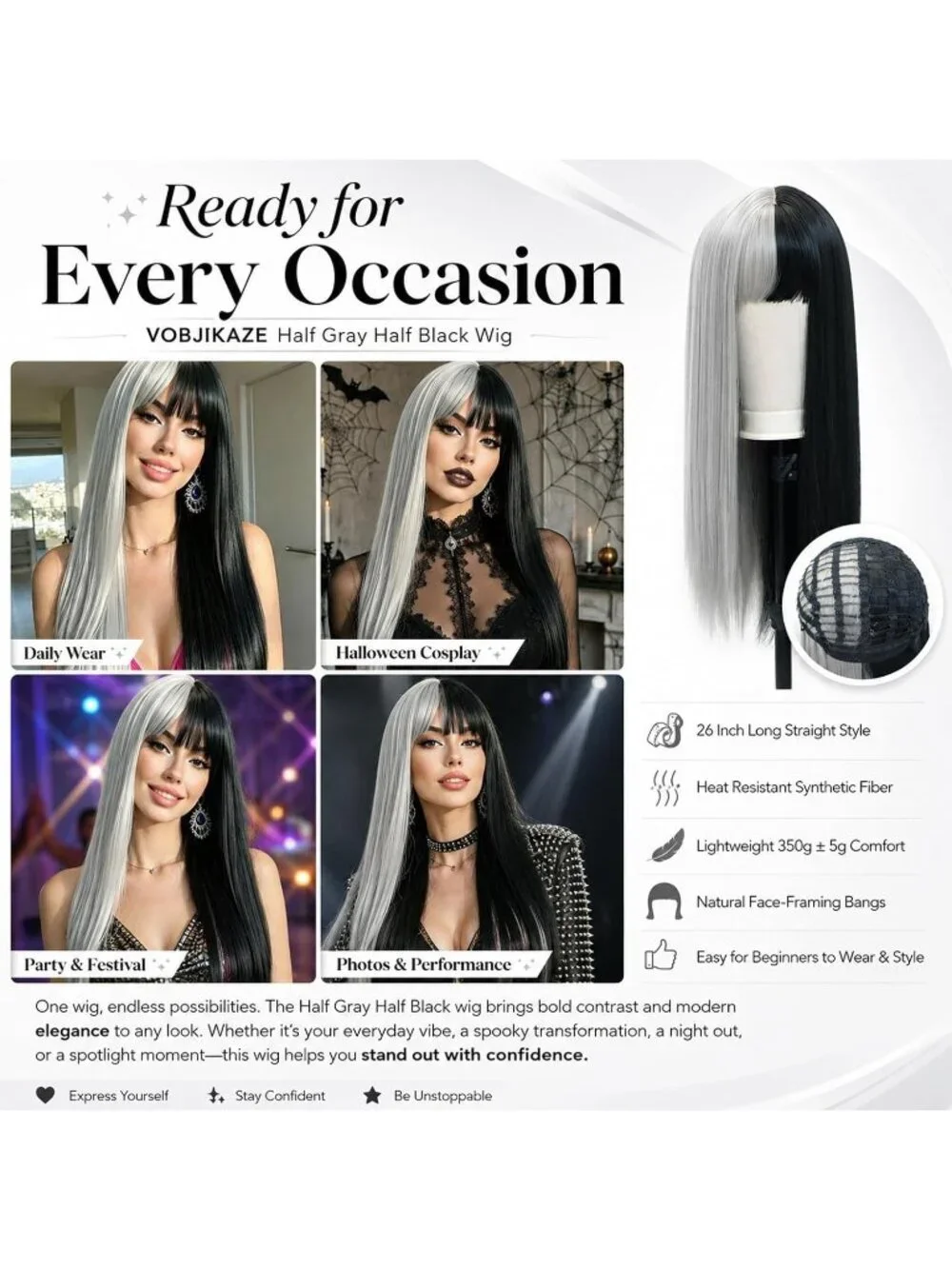 Women's Grey Black 26 Inch Heat Resistant Synthetic Long Straight Wigs Bangs